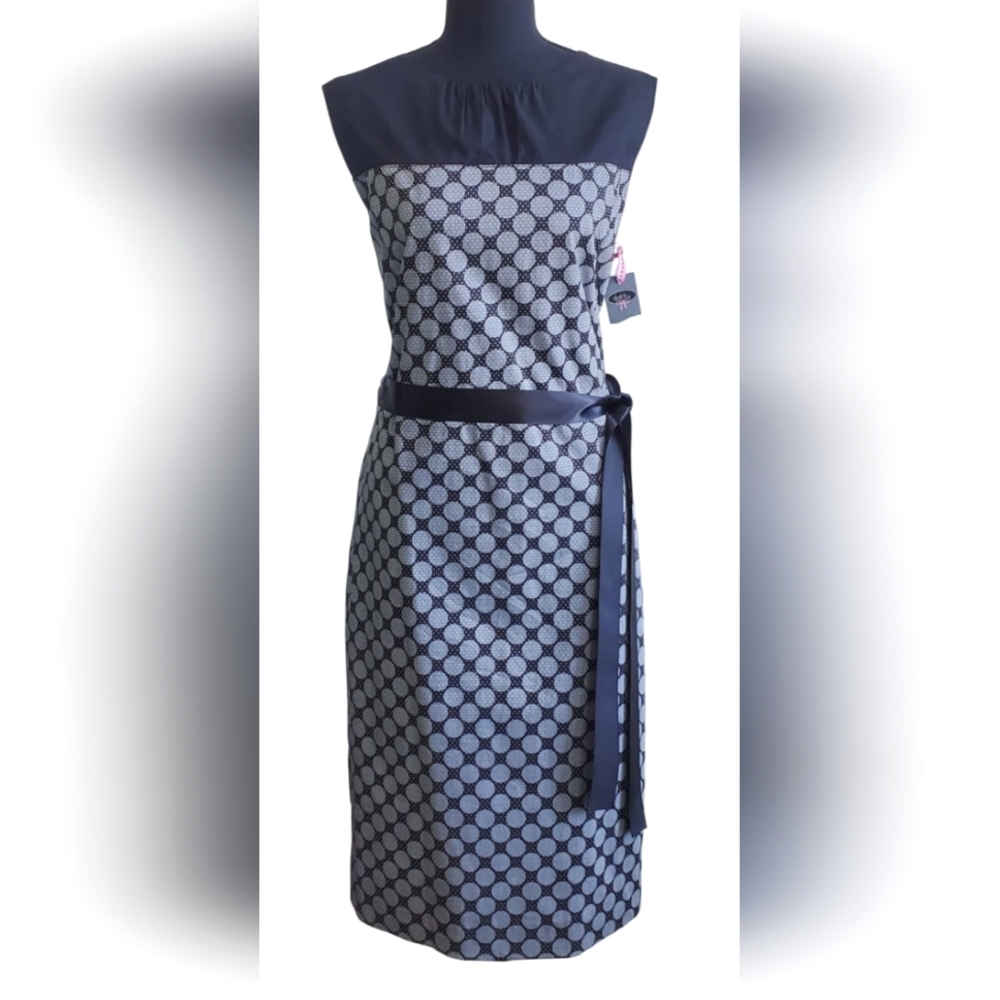 NWT Dotty Polk a Dot Sheath Dress Sleeveless Midi Satin Ribbon Retro Size Large